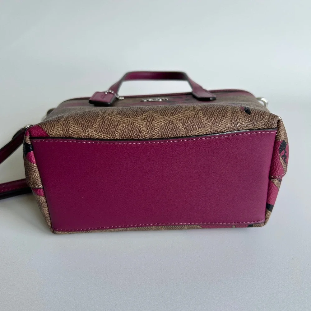 Coach City Mini Tote Brown Pink‎ Bow Signature Canvas Leather Bag Good